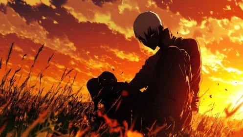Anime sunset silhouette with atmospheric field composition.