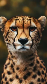 Frontal portrait of adult cheetah with blurred background.