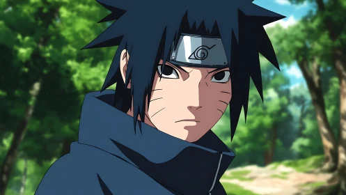 Serious dark haired ninja in blue cloak in forest setting.