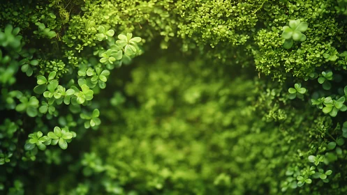 Mossy clover curtain cradling a luminous forest hollow.