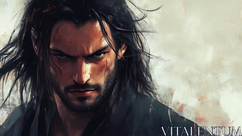 Brooding warrior portrait in dynamic painterly brushwork.