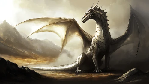 Winged dragon rests in a desaturated mountainous valley