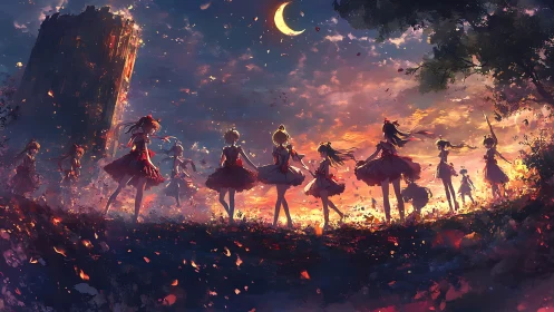 Silhouetted dancers traverse a twilight field beneath a crescent moon