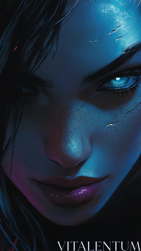 Scarred blue-lit face in intense digital close-up portrait.
