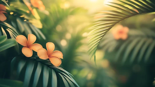 Peach blossoms nestled among palm fronds with bokeh.