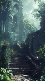 Sunlit stone stairway ascending into overgrown ruins.