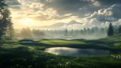 Mountain golf course at sunrise over misty fairways.