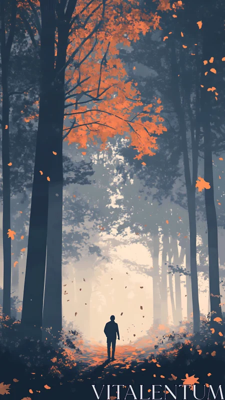 Solitary Figure Stands Among Autumn Forest and Falling Leaves.