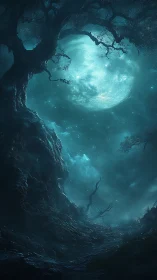 Lunar-illuminated ravine beneath gnarled trees in teal haze