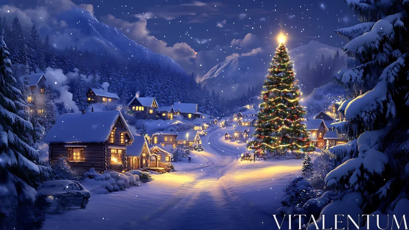 Snowlit village gathers as one radiant tree crowns winter