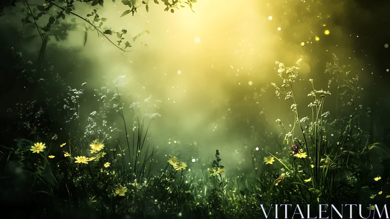 Enchanted wildflower meadow glows under dreamy golden light.