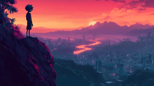 Silhouetted figure surveys dense cityscape at sunset