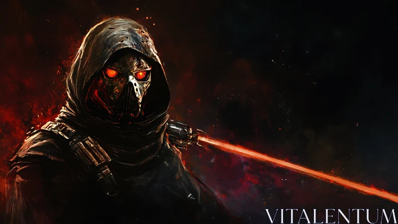 Hooded masked warrior with red energy blade in darkness.