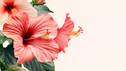 Red Hibiscus Flowers on Cream Background.