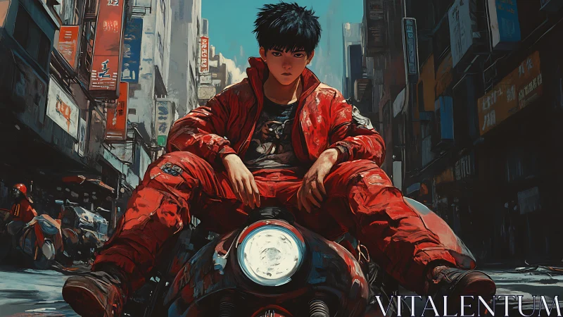 Neo-urban biker youth on red motorcycle in dense alleyway city