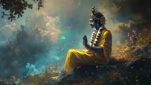 Serene blue‑skinned figure in golden robes resting in prayer.