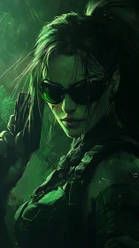 Cybernetic sniper in neon green tactical shadows waits.