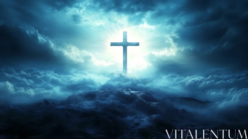 Luminous cross above clouded landscape under blue sky.