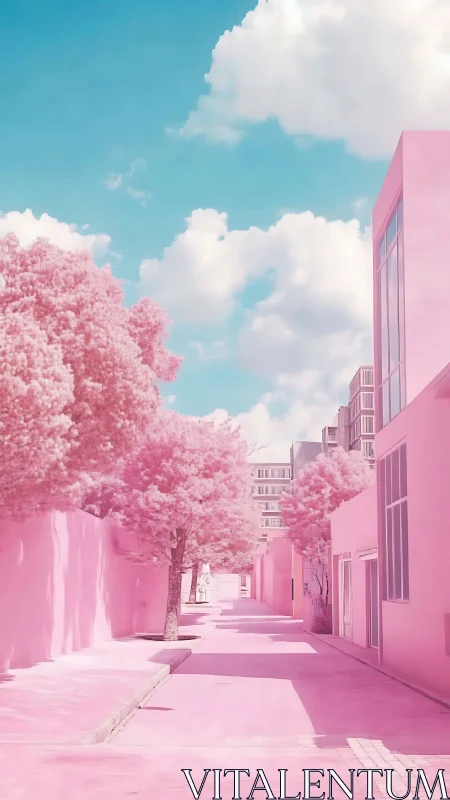 Cotton candy city street glows softly under a calm sky