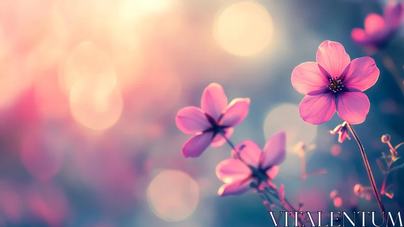 Pink flowers in selective focus against blurred pastel light