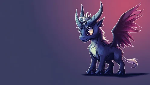 Blue winged horned creature stands on gradient background