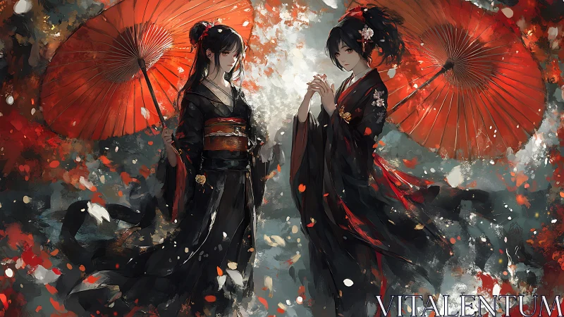 Crimson parasols crown twin geishas in swirling painted dusk.