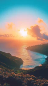 Candy-bloom sunrise pouring neon gold over quiet cove.