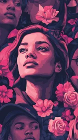 Floral-lit portraits in bold magenta tonal illustration.