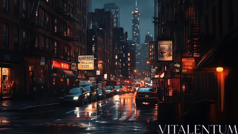 Rain soaked neon city street with taxis at night.