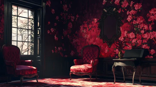 Vintage red sitting room shows floral walls and ornate chairs