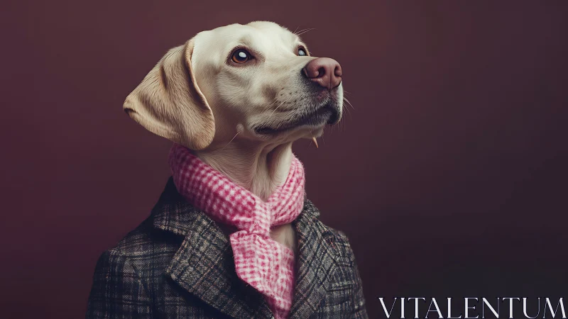 Dapper hound in tweed and pink scarf, posing with quiet pride.