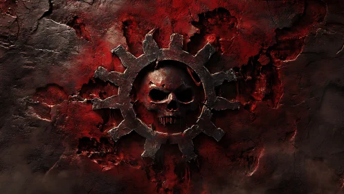 Skull-forged gear sigil burning through blood-dark stone.