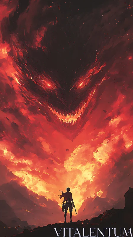 Lone warrior confronts colossal demonic firestorm entity.