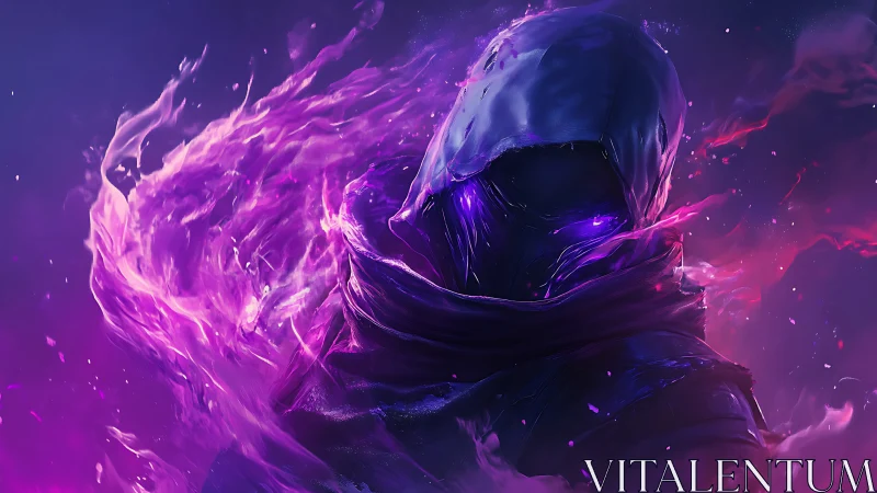 Hooded spectral warrior emerges amid neon-violet energy swirls