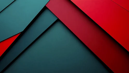 Red and teal overlapping geometric panels in sharp lines.