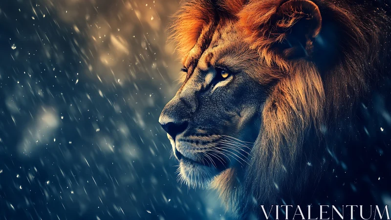 Majestic lion gazes through swirling snow in glowing light.