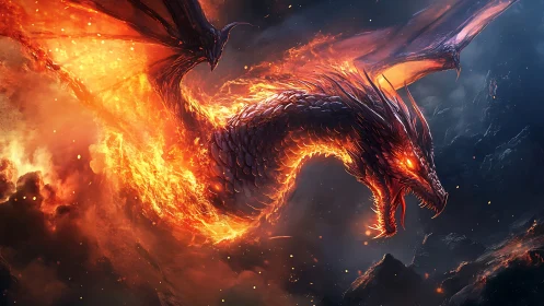 Infernal dragon erupting from molten storm sky.