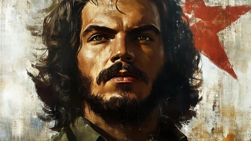 Defiant long‑haired rebel amid worn red revolutionary star.