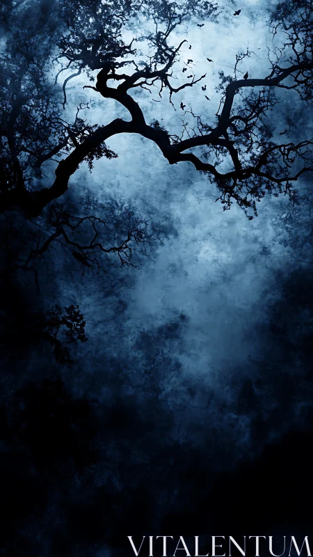 Silhouetted tree branches against cloudy blue night sky.