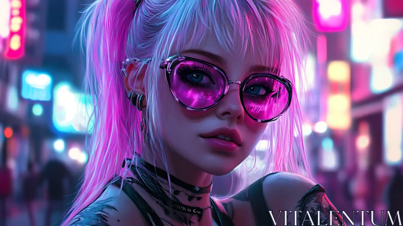 Neon lit portrait of young woman with pink reflective glasses.