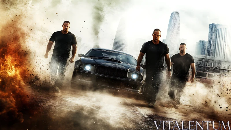 Three men advance beside a muscle car through urban smoke