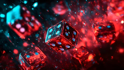 Glowing Red Dice in Motion with Futuristic Neon Light Effects.