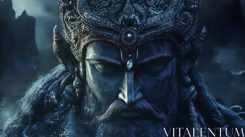 Moonlit stone monarch brooding in stormy sapphire silence.