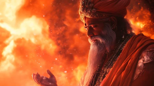 Serene sage in glowing firelit robes, holding quiet power.