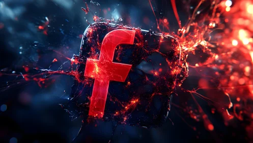 Futuristic Facebook Icon Exploding with Fiery Digital Effects.