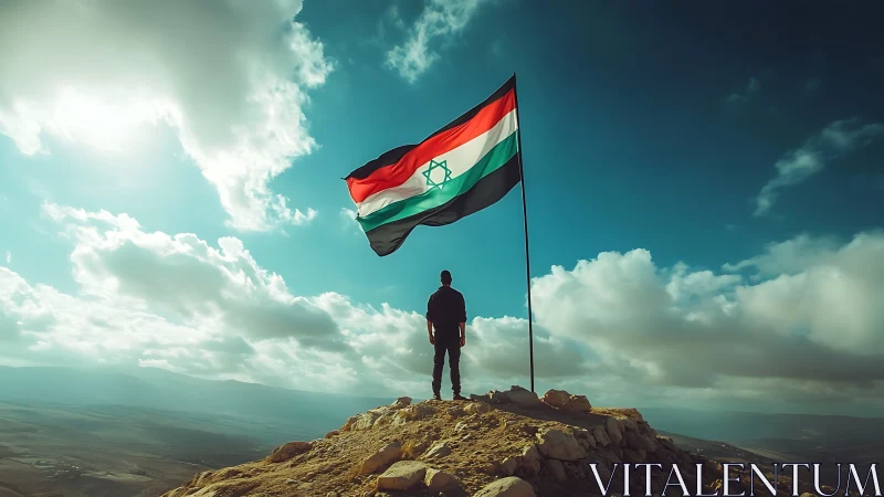 Solitary figure stands on rocky peak beside large flagpole