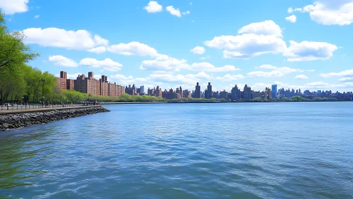 Urban waterfront skyline under bright cumulus cloudscape.