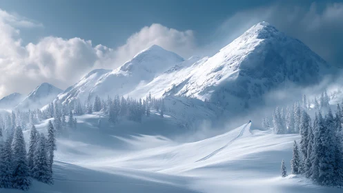 Snow-covered alpine mountains with skier tracks under clouds.
