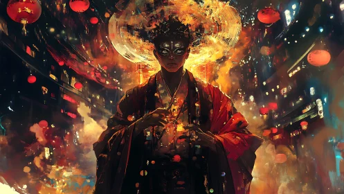 Mystic lantern mage commands fire in a neon-lit alleyway