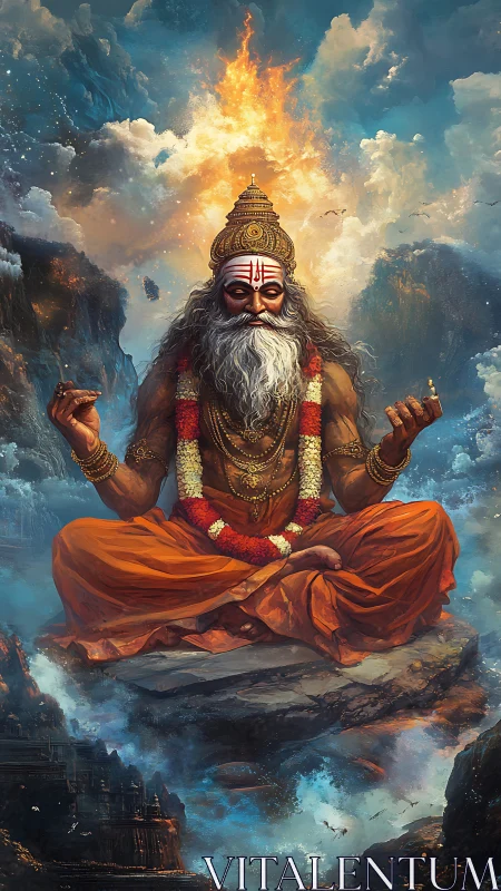 Mystic sage levitates amid fiery clouds and cosmic cliffs.